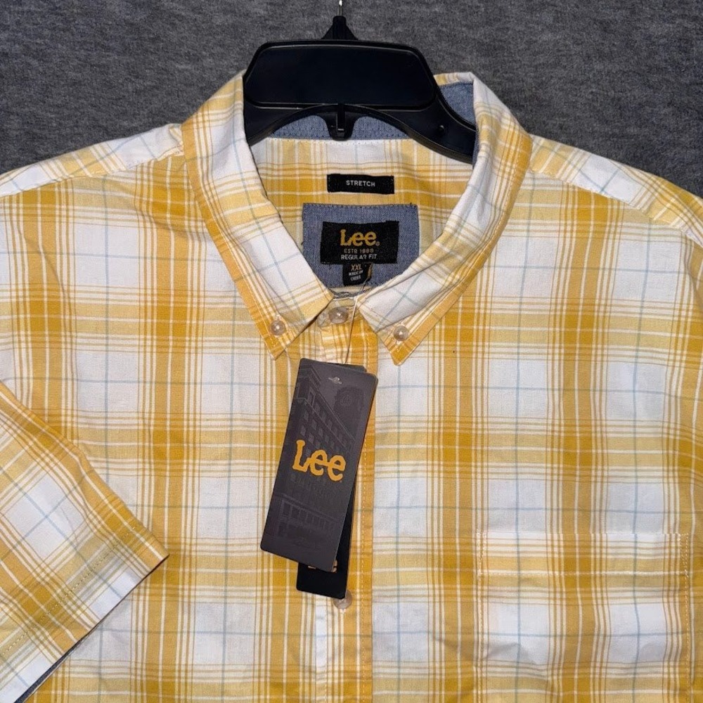 Lee Mens Shirt Yellow Plaid Button Down Regular Fit Shirt Stretch Sz XXL NEW